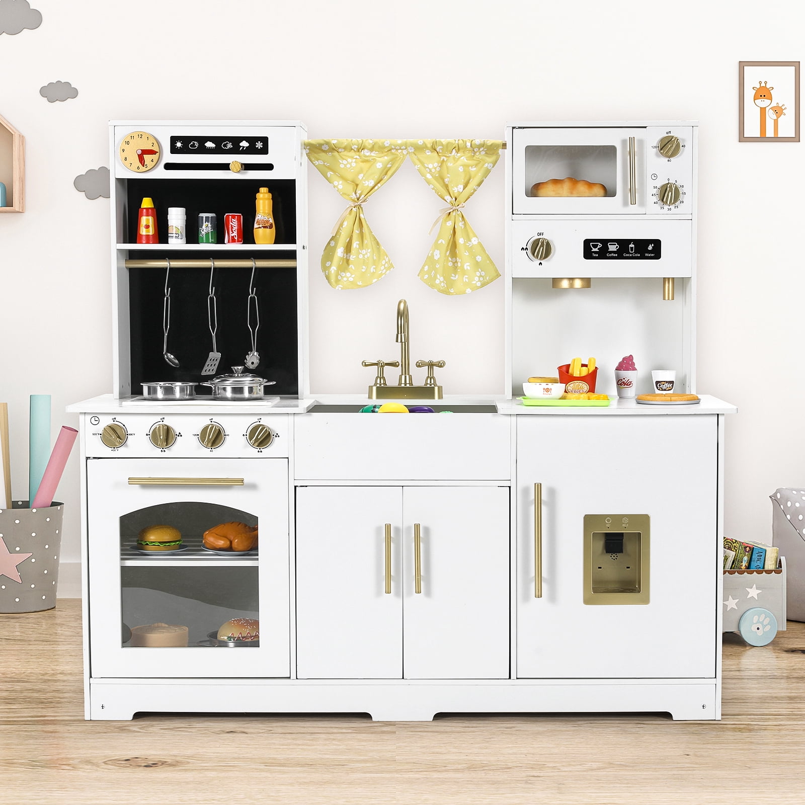 Pirecart Play Kitchen, Wooden Kids Kitchen Playset with Sound & Light,  Sink, Microwave, Curtain and Utensils for Boys Girls Age 3-10, White