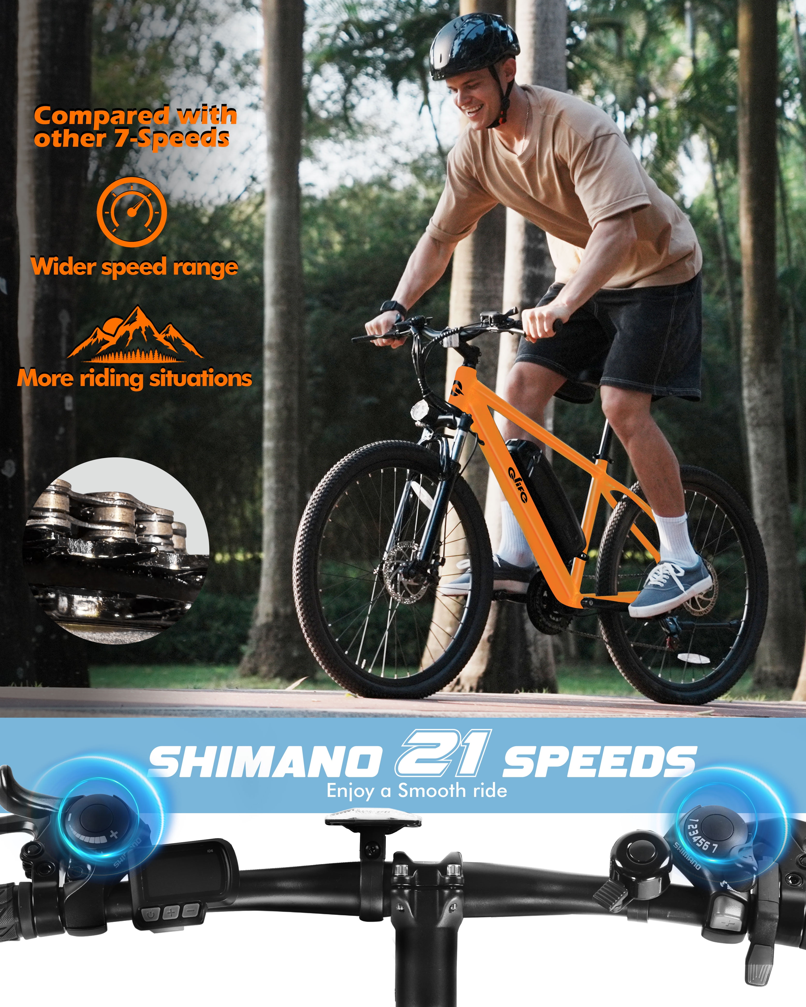 Qlife Racer Electric Bicycle for Adults, 21-Speed Mountain Ebike with Peak 1200W 28MPH Brushless Motor, 48V10.4Ah, 27.5X2.1 Tire,Orange