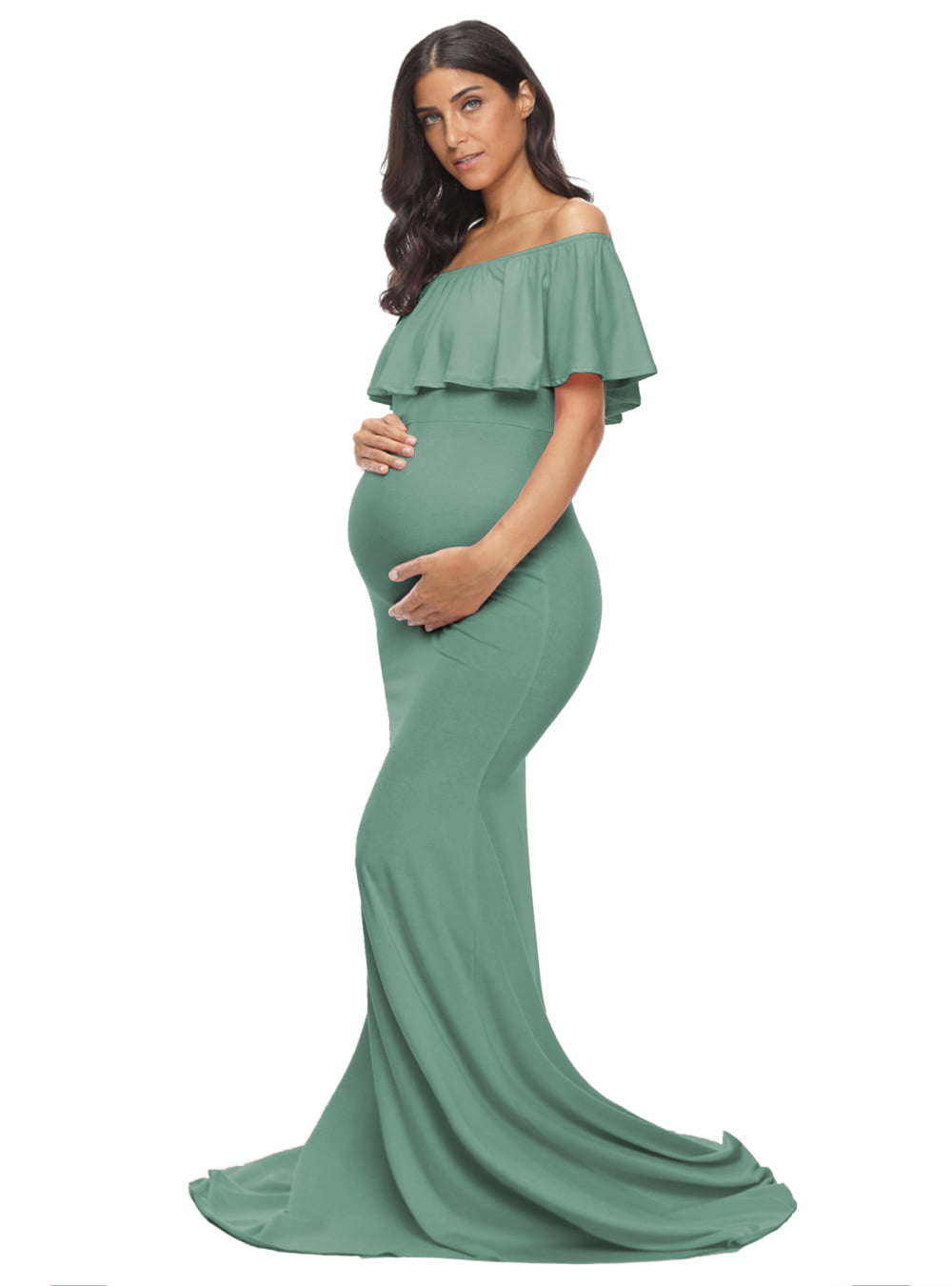 Ecavus Womens Off Shoulder Maternity Dress Ruffle Trim Maxi Photography Dress for Baby Shower 