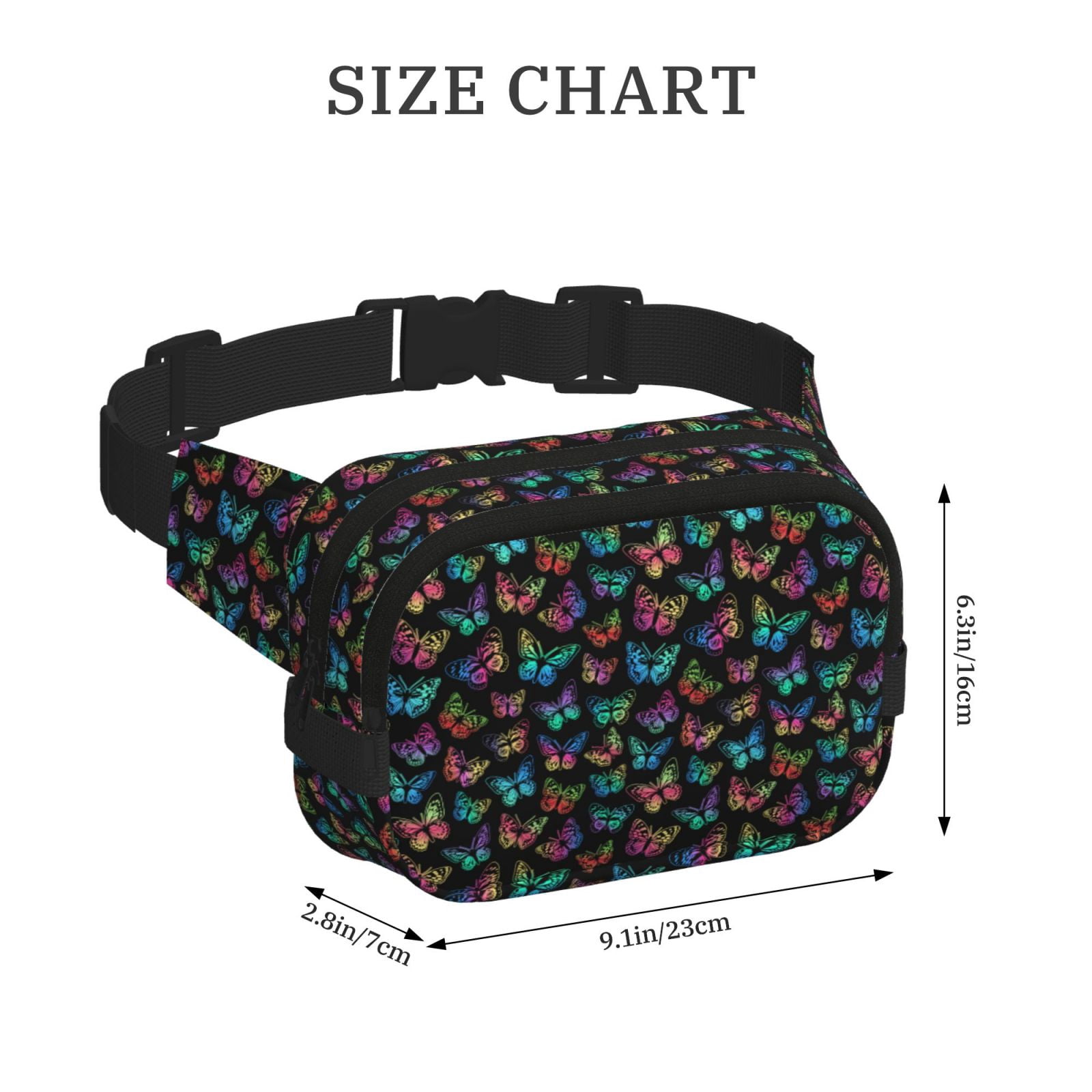 Picia Multicolored Butterflies Print Square Double-Layer Waist Bag Mini Adjustable Waist Belt Bag Exercise Running Travel Hiking