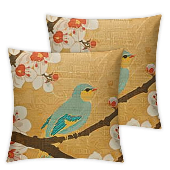 Birds Throw Pillow Cushion Cover, Floral Pattern Winged Sparrow Perching on White Cherry Blossom Branch Spring Nature, Decorative Square Accent Pillow Case,, Beige Brown