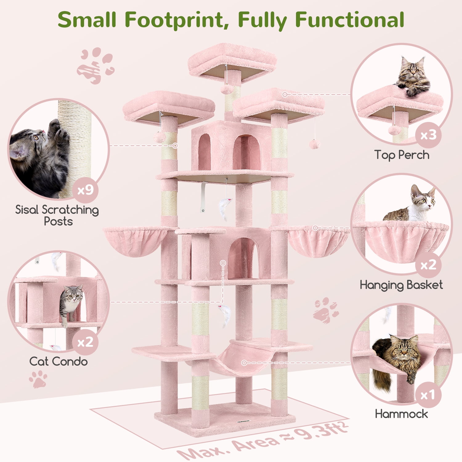 Big Pink 80" Cat Tower for Multiple Cats with Scratching Posts, Hammock & 3 Perches