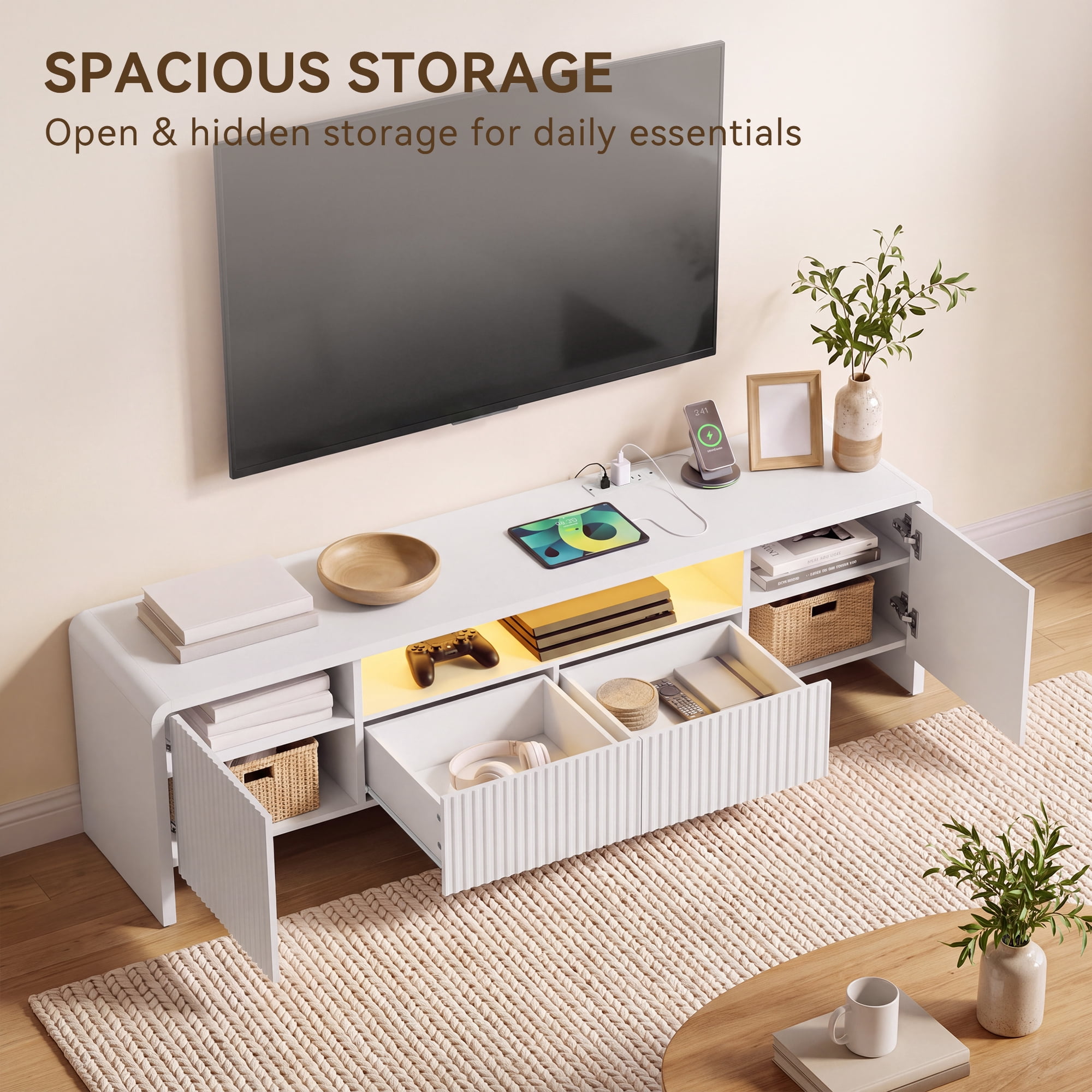 Lacoo 70 Inch Fluted TV Stand for 55-75 Inch TVs, Entertainment Center with Charging Station and RGB LED Lights, Media Console with 2 Drawers and Storage Cabinets for Living Room, White