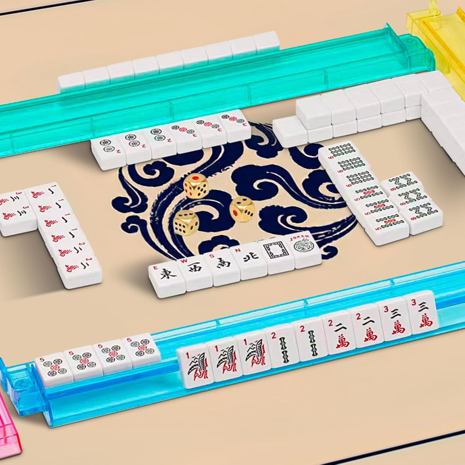 Mahjong Tile Set with Bag – 166 White Tiles, Golden Dice, 4 All-in-One Racks with Pushers, Blue (Travel Set)