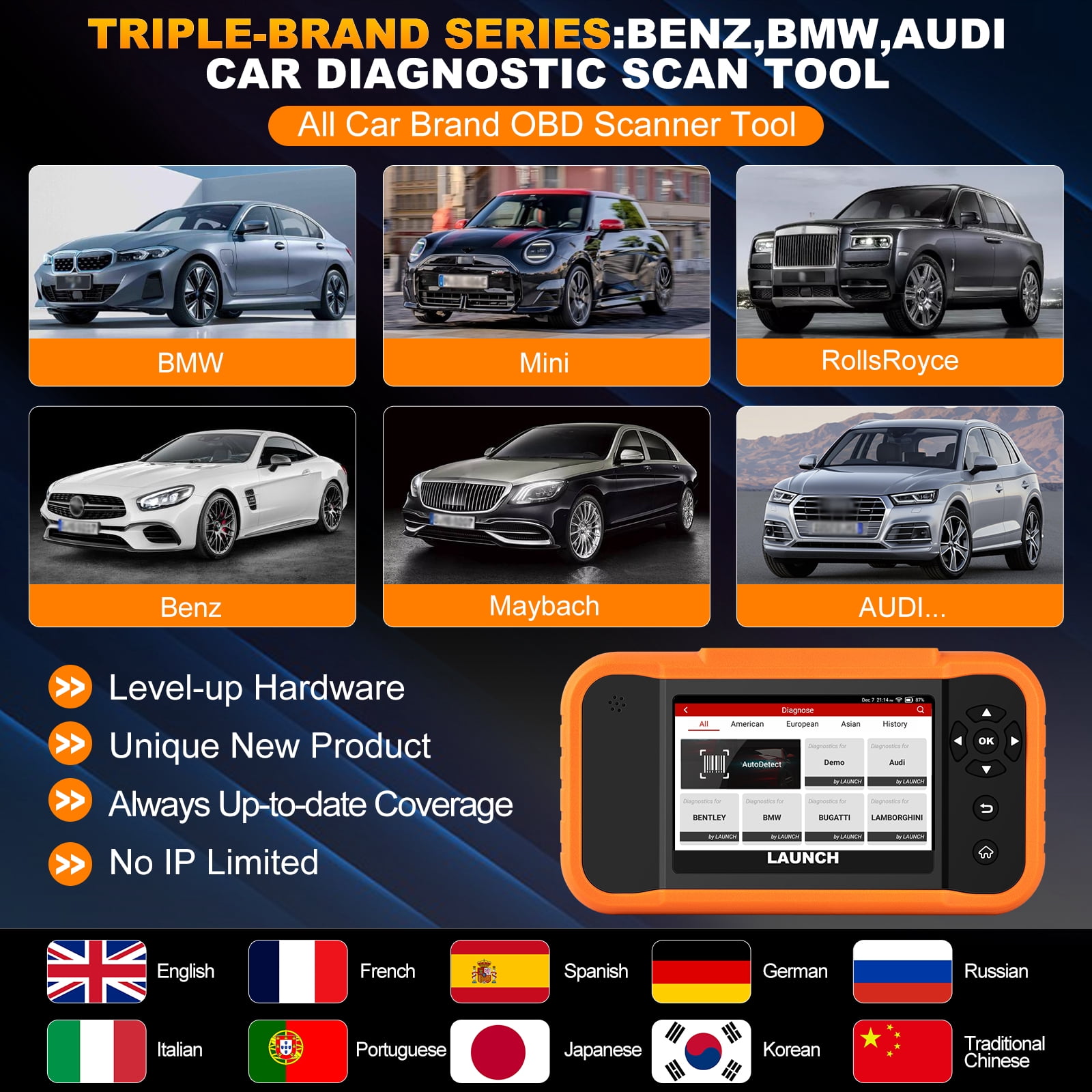 LAUNCH Creader Elite 2.0 BBA Bi-directional OBD2 Scanner For BMW,Mercedes-Benz,VW Audi,Maybach,Mini,RollsRoyce, Full System with Full Functions,Battery Register