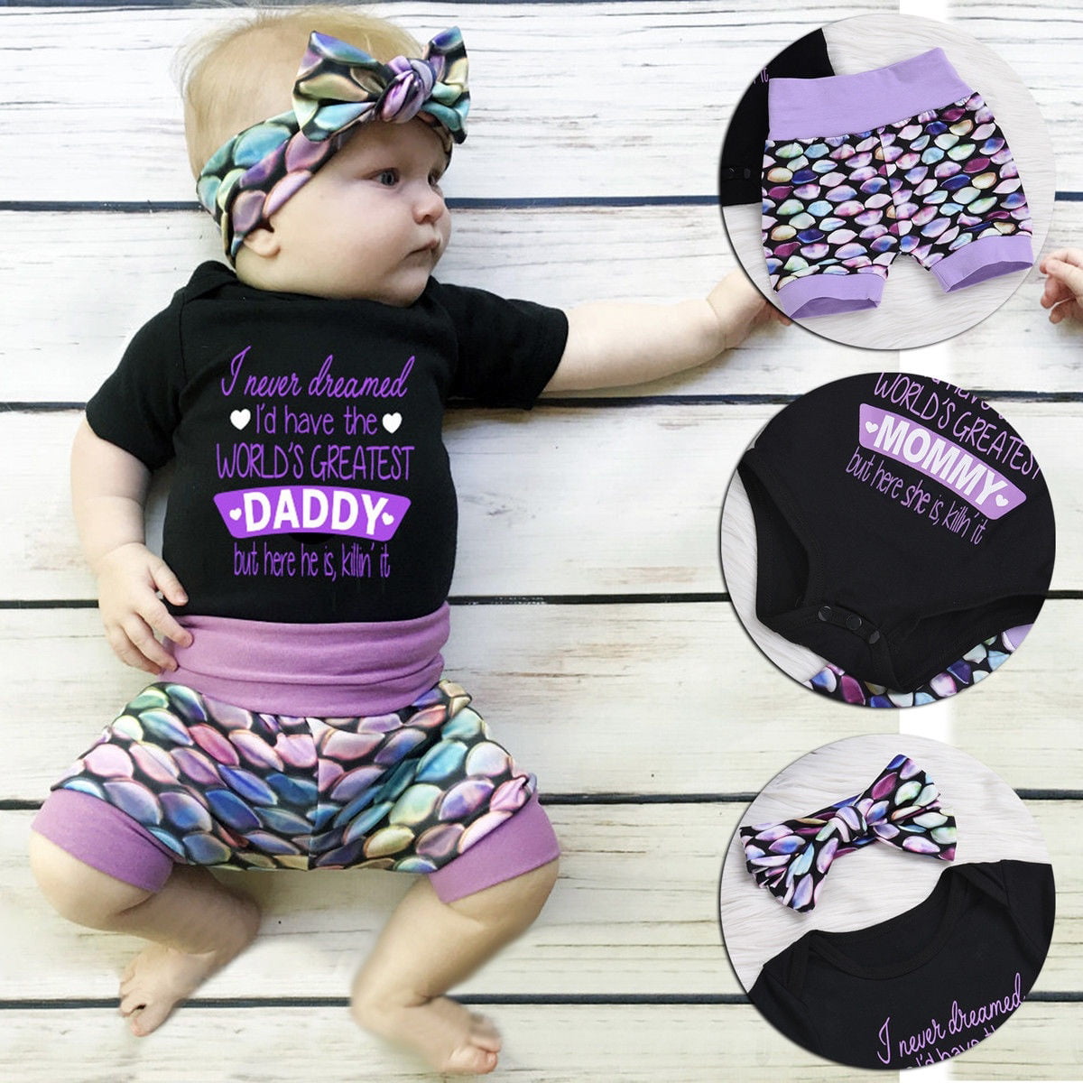 Infant Baby Boys Girls Clothes 3PCS Outfits Romper Shorts Headband for Daddy and Mommy