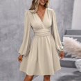 thumbnail image 6 of WTOBBY Women's Fashionable Solid Color V-Neck Long Sleeve Pleated Versatile Dress Lantern Sleeve Detail for Unique Style Flowy Pleats for Movement Wardrobe Essential,Khaki S, 6 of 8