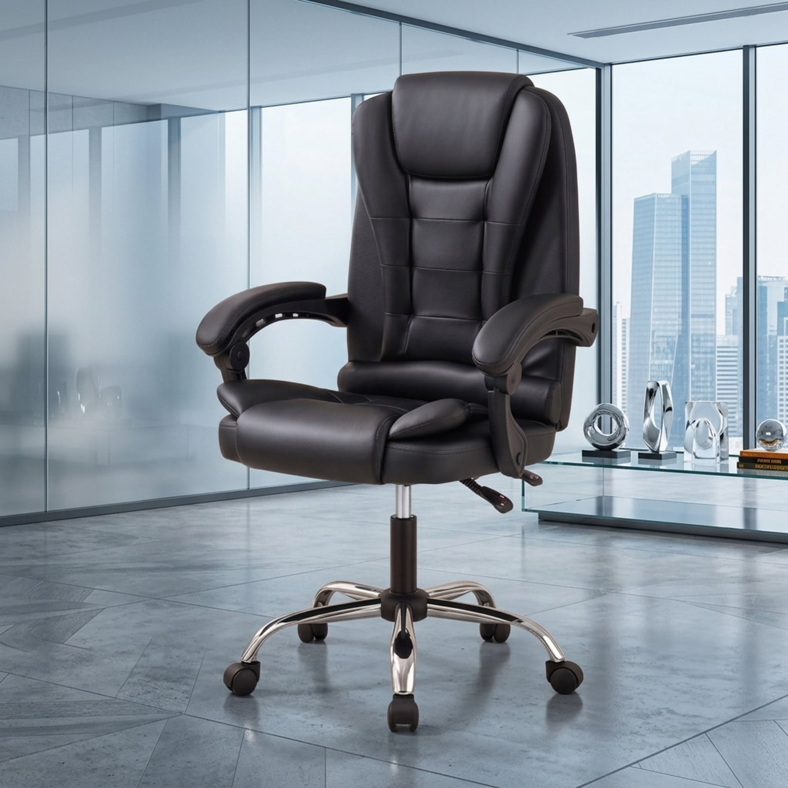 Furnibear High Back Executive Office Chair with Linkage Armrests Reclining Backrest PVC Leather Seat and Swivel Base for Home Office, Black