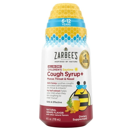 Zarbee’s Kids All-in-One Daytime Cough for Children 6-12 with Dark Honey, Turmeric, B-Vitamins & Zinc, #1 Pediatrician Recommended, Drug & Alcohol-Free, Grape Flavor, 4FL Oz (Pack of 12)