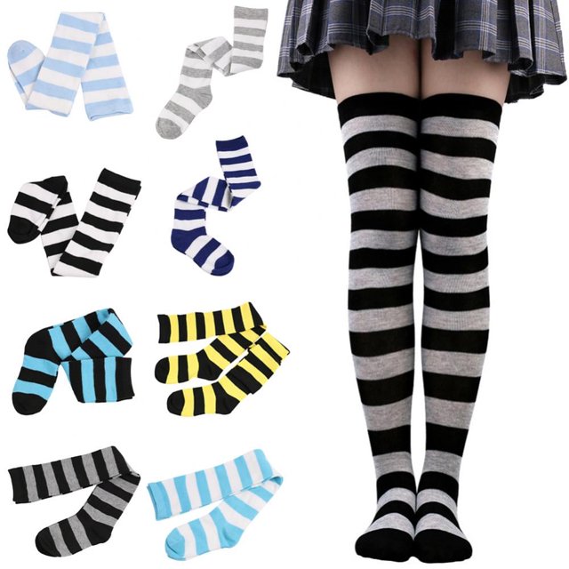 Calcetines a rayas hasta la rodilla, medias largas a rayas por encima de la rodilla para mujeres, adolescentes y jóvenes.