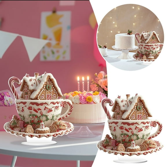 Olilia 9 Inch Gingerbread House Teacup,Acrylic Stand Decoration, Suitable for Christmas ,Holiday Decoration, Party Home Indoor and Outdoor Decoration.