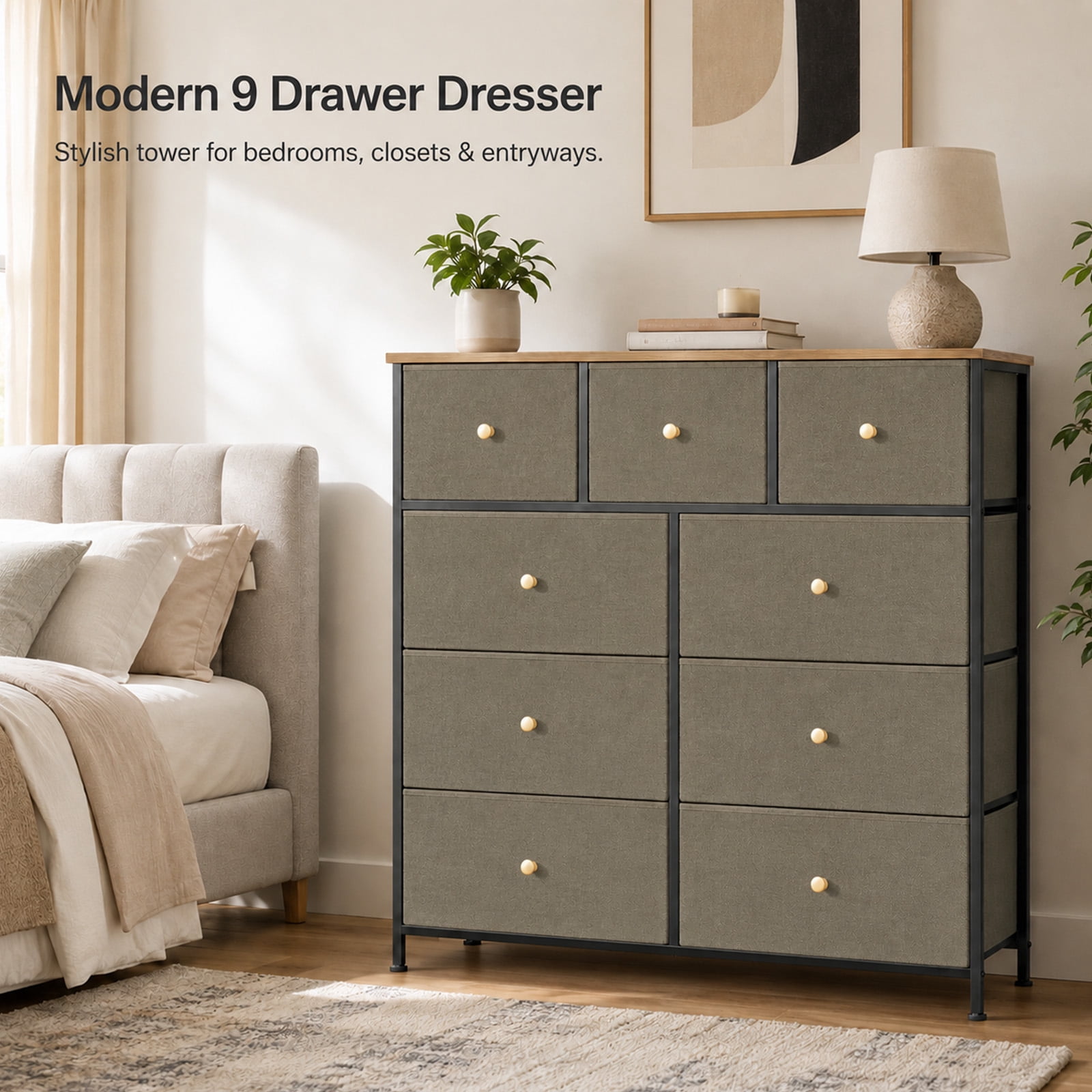 Alvantor 8/9 Drawer Fabric Dresser, Storage Tower for Bedroom and Closet, Chest of Drawers with Sturdy Steel Frame & Wooden Top for Living Room, Entryway