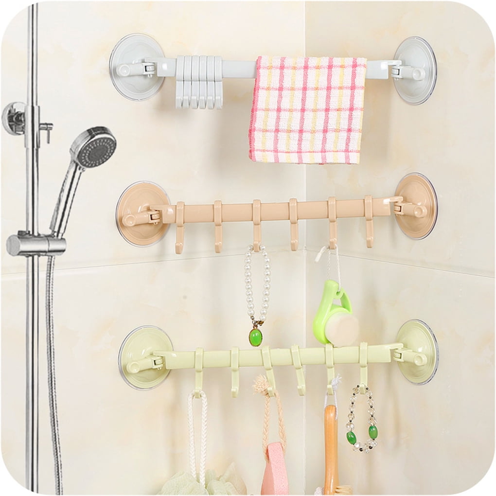 Home Bathroom Suction Cup Towel Bar Removeable Shower Rod 6 Hooks
