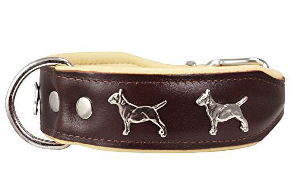 Real Leather Soft Leather Padded Dog Collar Bull Terrier 1.75" Wide. (13"-15.25" Neck, Brown/Beige)