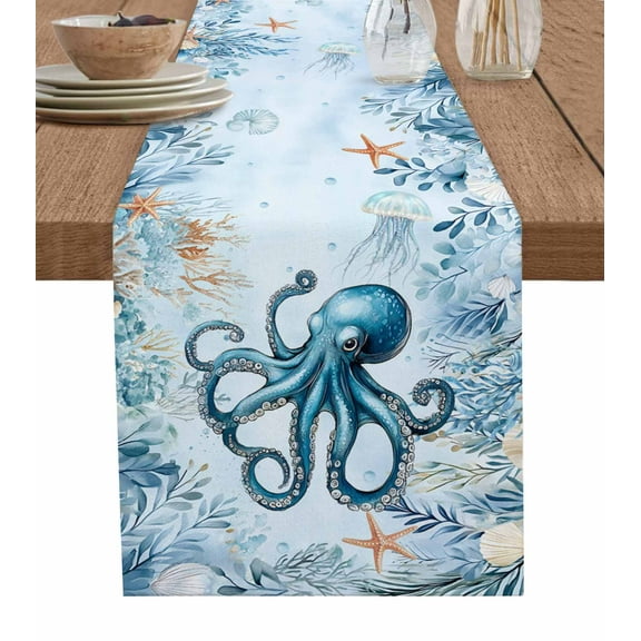 Table Runner Dresser Scarf 13 x 90 Inch Summer Nautical Blue Octopus Sea Turtle Eucalyptus Leaf Table Runners Non-Slip Heat Kitchen Dining Table Decor for Indoor Outdoor Home Party Decoration