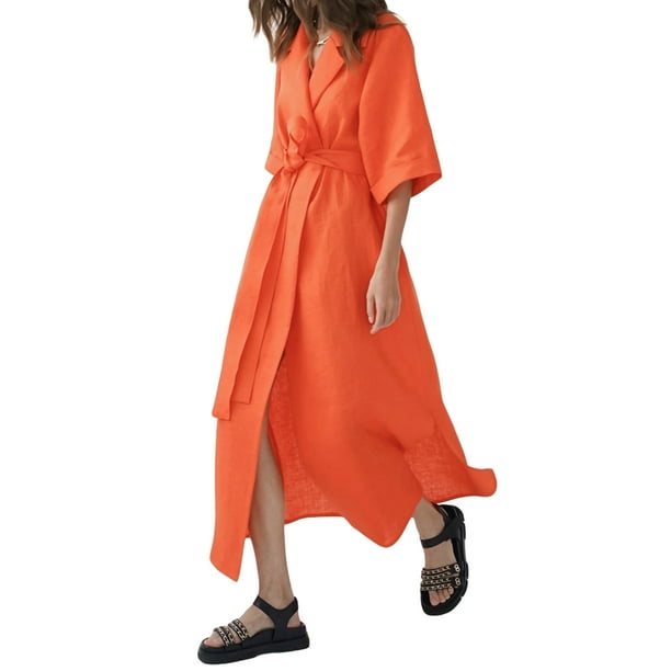 Txlixc, Kimono de manga corta para mujer, vestido camisero con cuello vuelto, vestido Midi con cinturón informal de trabajo de Color sólido para oficina y ocio Txlixc Moda