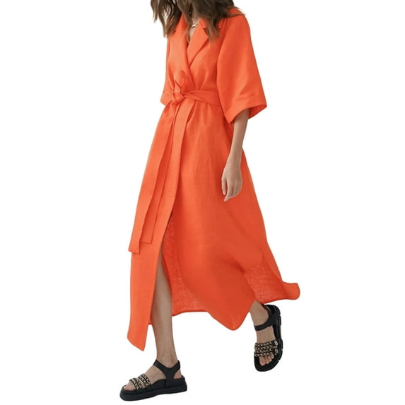 Gureui Women's Summer Office Dress, Casual Solid Color Notched Lapel Half Sleeve One-Piece with Belt Dating Dresses