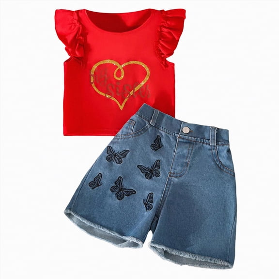 OYXSER Summer Toddler Girl Clothes 6 12 Months Short Sleeves Butterfly Denim Shorts Set 2pcs Shorts Outfits Set, Red 5-6Y