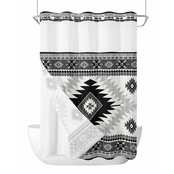 No Hook Cloth Fabric Shower Curtain with Snap in Liner, Black Beige Boho Waterproof Shower Curtains Set with See Through Top Window, Vintage Ethnic Tribal Southwestern Bath Curtains Shower 60"x72"