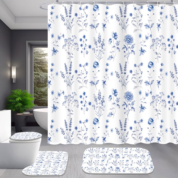 4-Piece Blue Botanical Floral Shower Curtain Set with Rugs for Bathroom