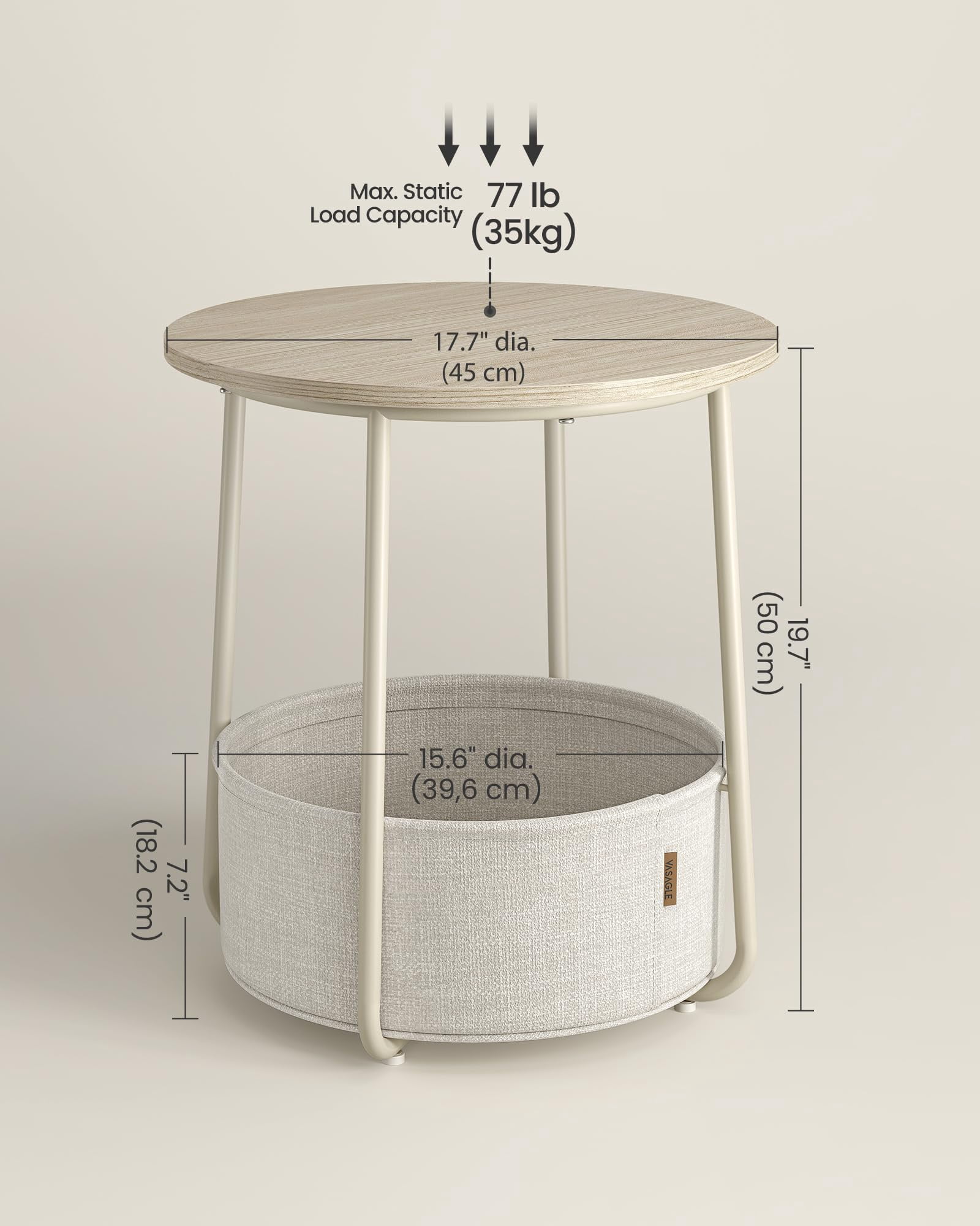 Nordic Hygge 17.7 in. Round Side Table with Fabric Storage Basket, Cream White