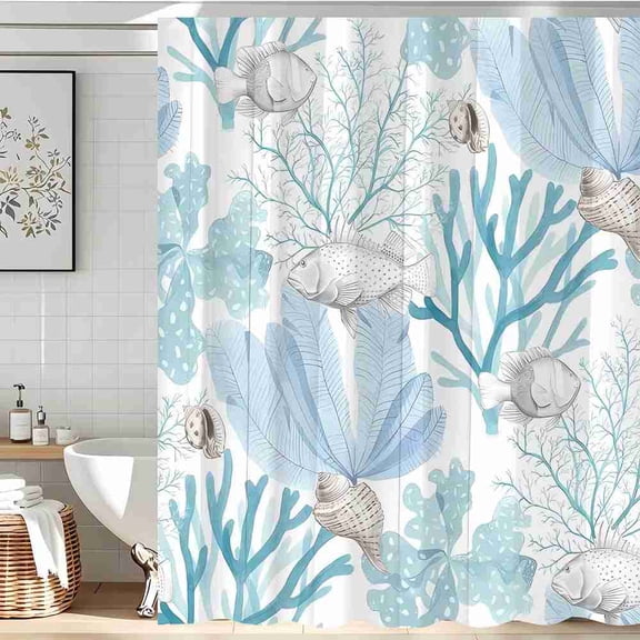 70x70 inch Light Blue Watercolor Ocean Fish and Seashell Shower Curtain, Waterproof Polyester Fabric with Hooks for Bathroom Decor