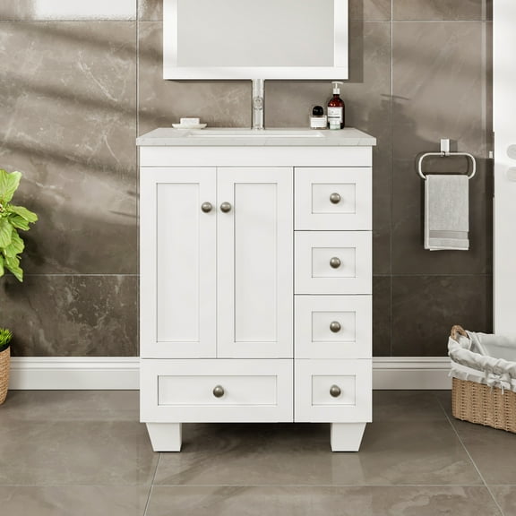 Eviva Happy 24"W x 18"D White Bathroom Vanity with White Carrara Quartz Vanity Top and Rectangular Undermount Sink