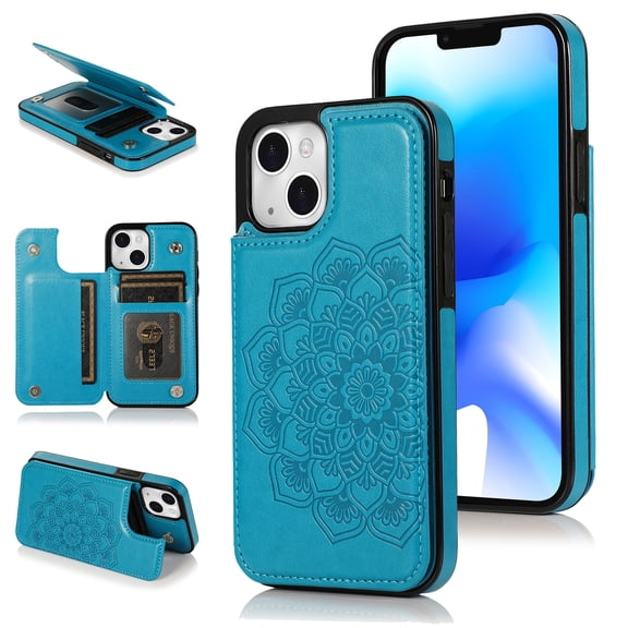 For iPhone 15 Wallet Case Card Holder, Luxury Embossed Mandala PU Leather Back Flip Folio Case with Kickstand Magnetic Snap Closure, Shockproof Protective Phone Case,Blue