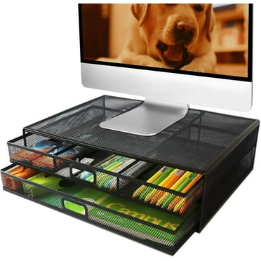Computer Monitor Stands with Drawers, Metal Mesh Desktop Monitor Riser, Desk Storage Organizer with Drawers for PC, Laptop, Printer (Black)