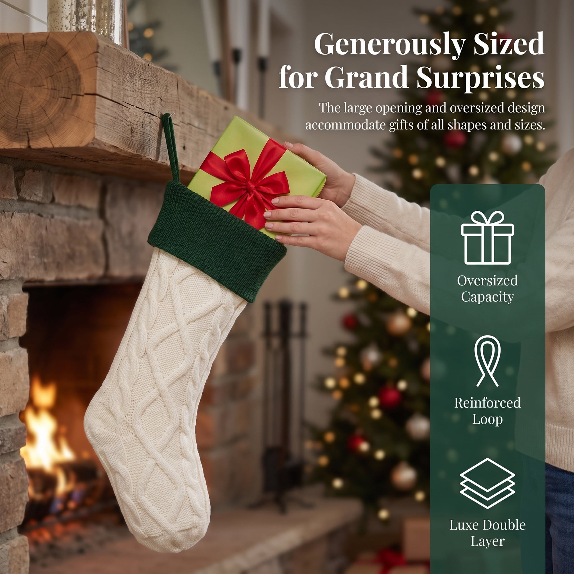 Unique Bargains Luxurious Cable-Knit Christmas Stocking White Green 18"