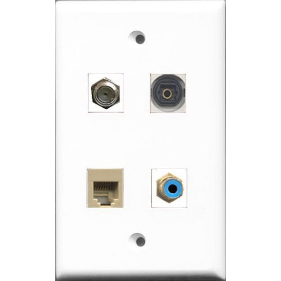 RiteAV 1 Port RCA Blue and 1 Port Coax Cable TV- F-Type and 1 Port Phone RJ11 RJ12 Beige and 1 Port Toslink Wall Plate