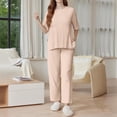 thumbnail image 3 of WTOBBY Women's Loose Fashion Solid Color Split Hem Round Neck Short Sleeve Top and Long Pants Two Piece Casual Summer Set for Women,Beige M, 3 of 6