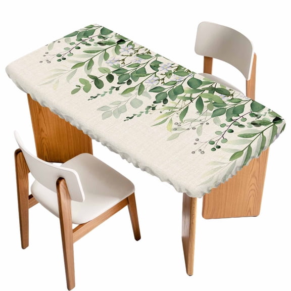 Green Leaves Table Cloths for 6 Foot Rectangle Tables, Summer Botanical Patio Waterproof Elastic Fitted Tablecloths, Washable Rectangular Table Cover for Camping