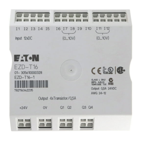 EATON EZD-T16 Digital I/O Module, DIN Mount, 16 I/O, 12 DC Input, 4 Output S. Tran