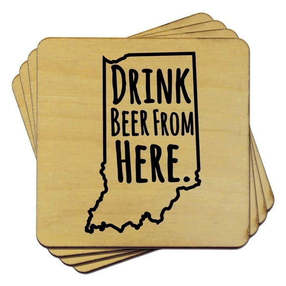 Torched Wood Drink Beer Coaster (Set of 4) Indiana Map 4"Lx4"W Brown