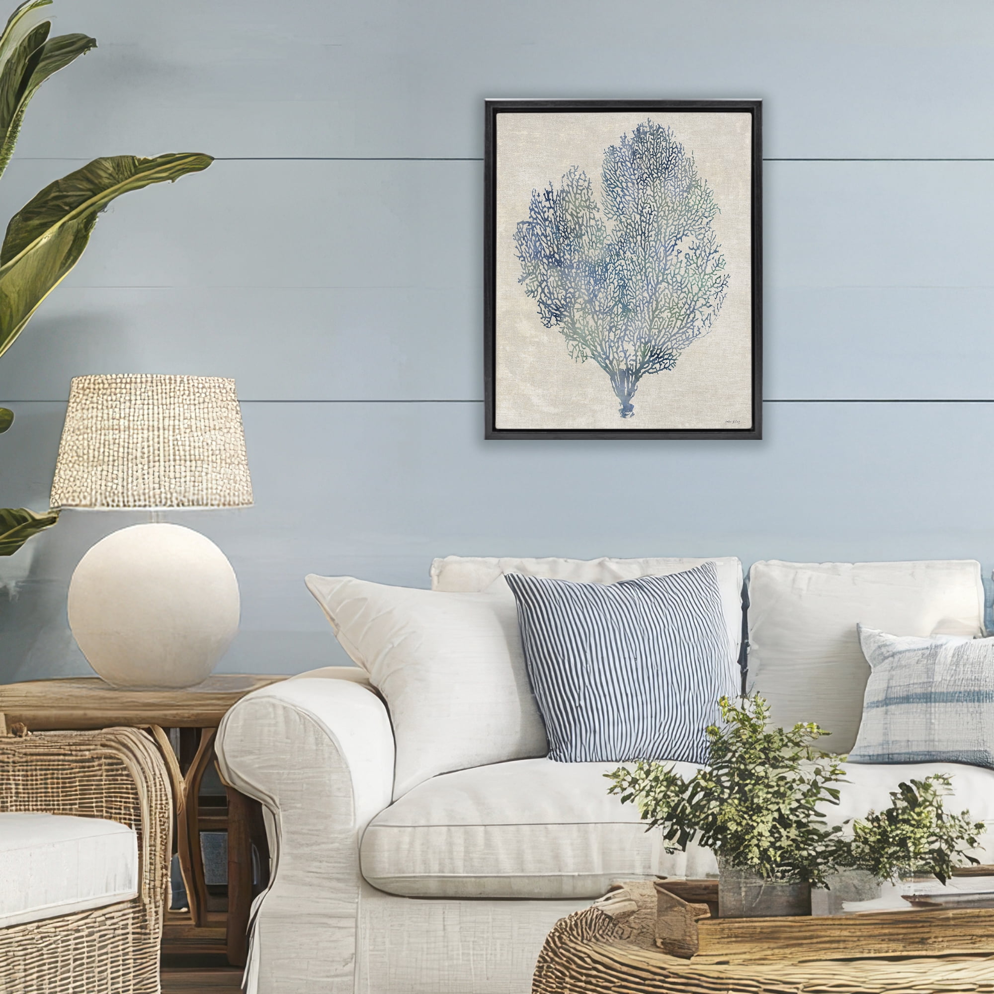 Stupell Industries Fan Coral in Blue & Green Black Framed Floater Canvas Wall Art, design by Amber Sterling