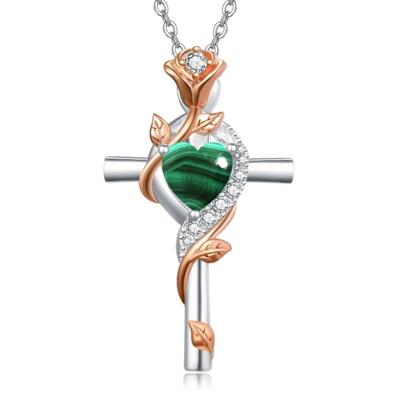 Women's Cross Necklace for Women Sterling Silver Created Malachite Necklace Rose Cross Pendant Jewelry
