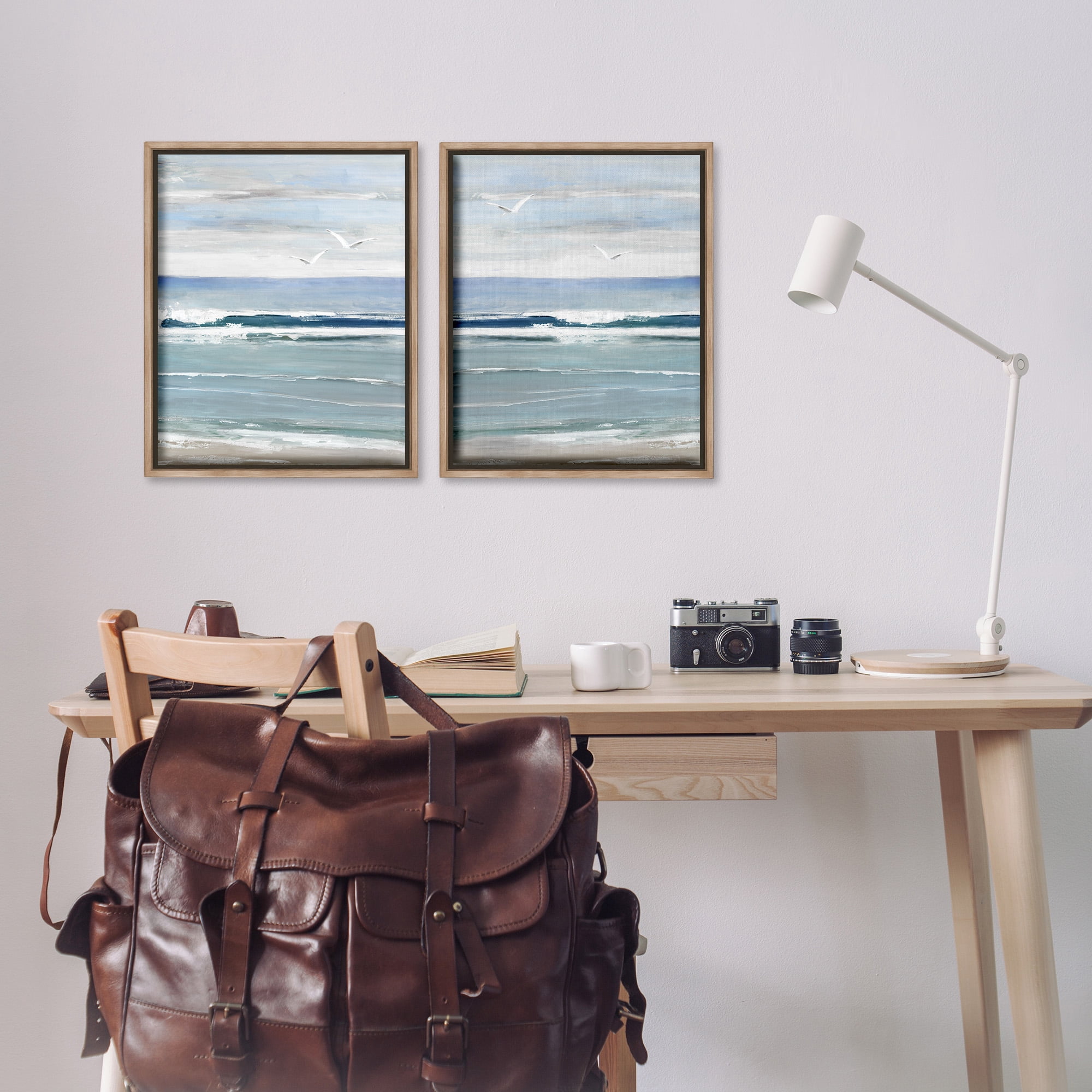 Stupell Industries Seagulls over Beach Waves Landscape Painting Brown Floater Framed Canvas Art Print Wall Art, 17 x 21, Set of 2