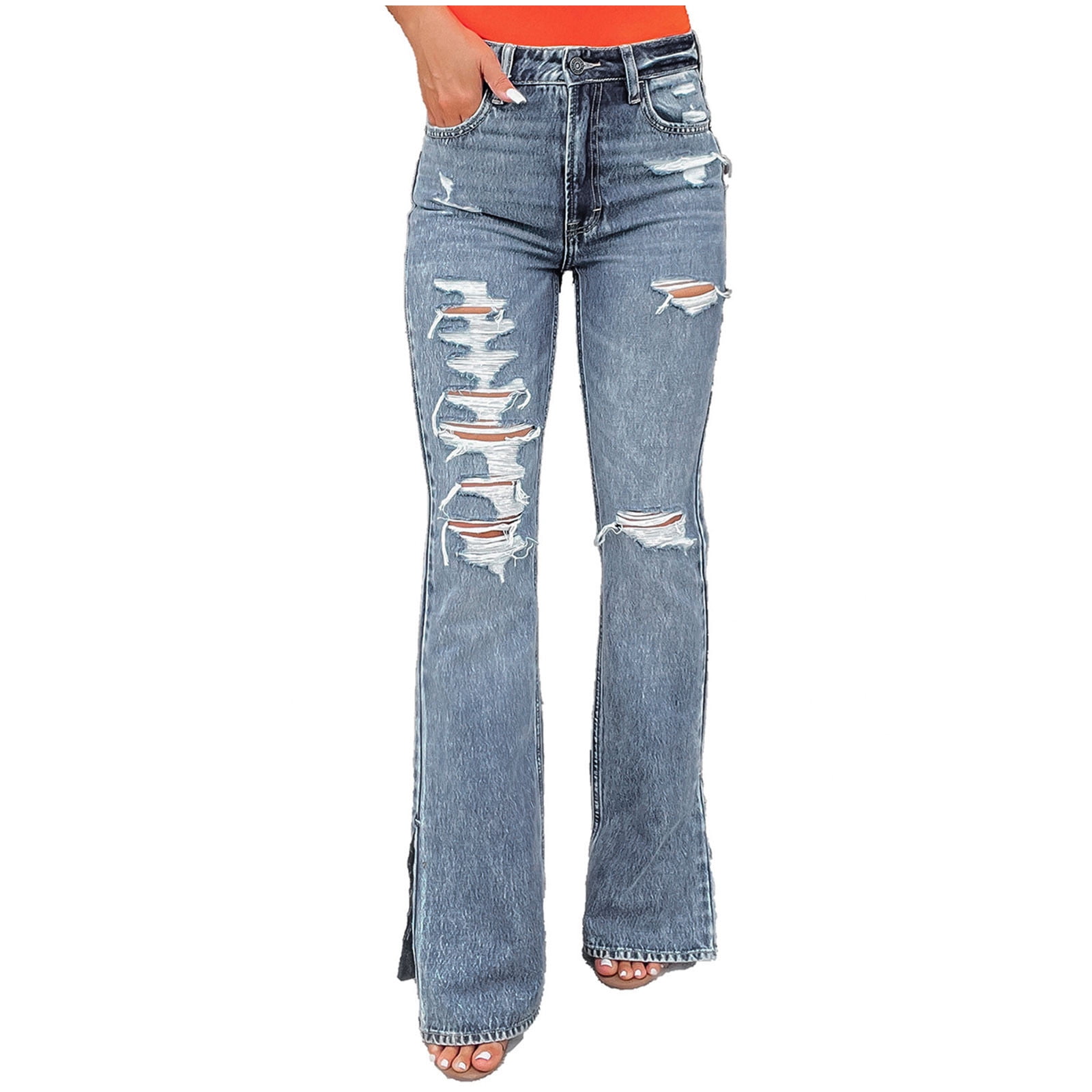 RQYYD Side Split Ripped Jeans Women's Mid Distressed Flare Jeans Ripped Hole Denim Pants Straight Leg Jean Baggy Bootcut Jean Light Blue XXL - Walmart.com