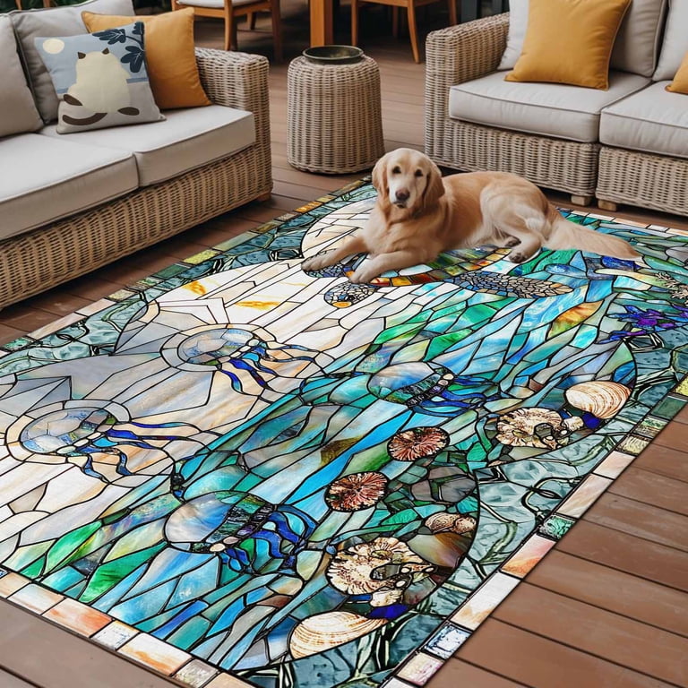 Fsddascl Stained Glass Sea Turtle Outdoor Rug for Patio/Deck/Porch