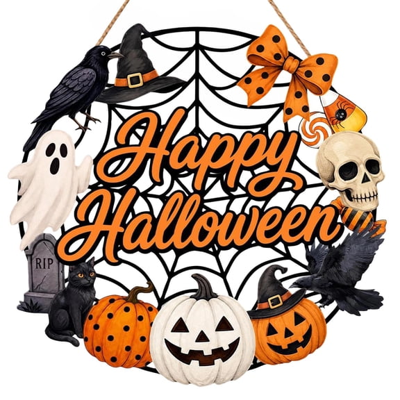 Happy Halloween Door Hanger Sign with Web and Crow Design, 1 Piece, Orange, Black, and White, for Front Porch and Entryway, Halloween Decoration