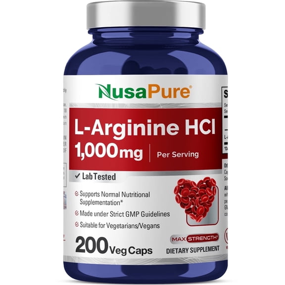 NusaPure L-Arginine 1000 mg 200 Veggie Capsules (Non-GMO, Vegetarian & Gluten Free)