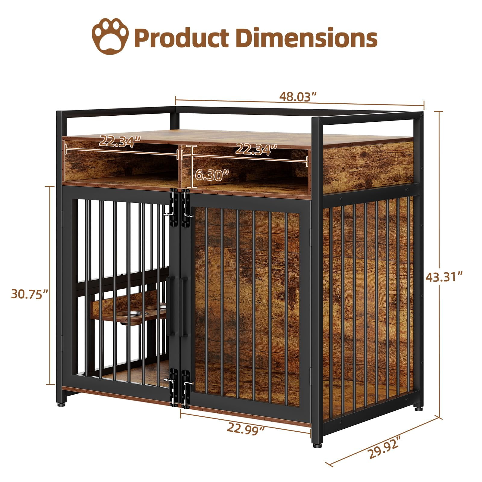 TROPOW 48 inch Large Dog Crate Furniture, Heavy Duty Wooden Dog Kennl with 2 Storage Drawers, 360° Adjustable Raised Feeder, Double Doors, Indoor Dog Crate for Large or Medium Dogs