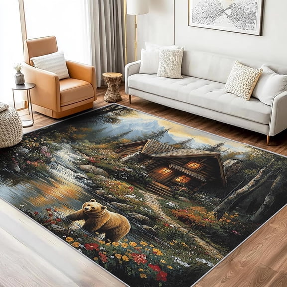 Rustic Bear Cabin Area Rugs, Forest River Mountain Wildlife Carpet, Washable Non Slip Low Pile Soft Rug for Bedroom Living Room Decor Mat 2x3ft