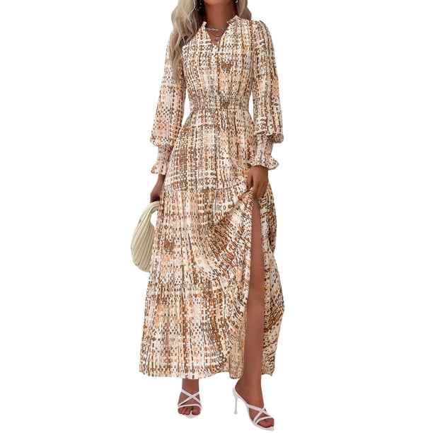 Vestido Maxi Floral de Mujer PRETTYGARDEN Manga Larga Cuello en V Talla L