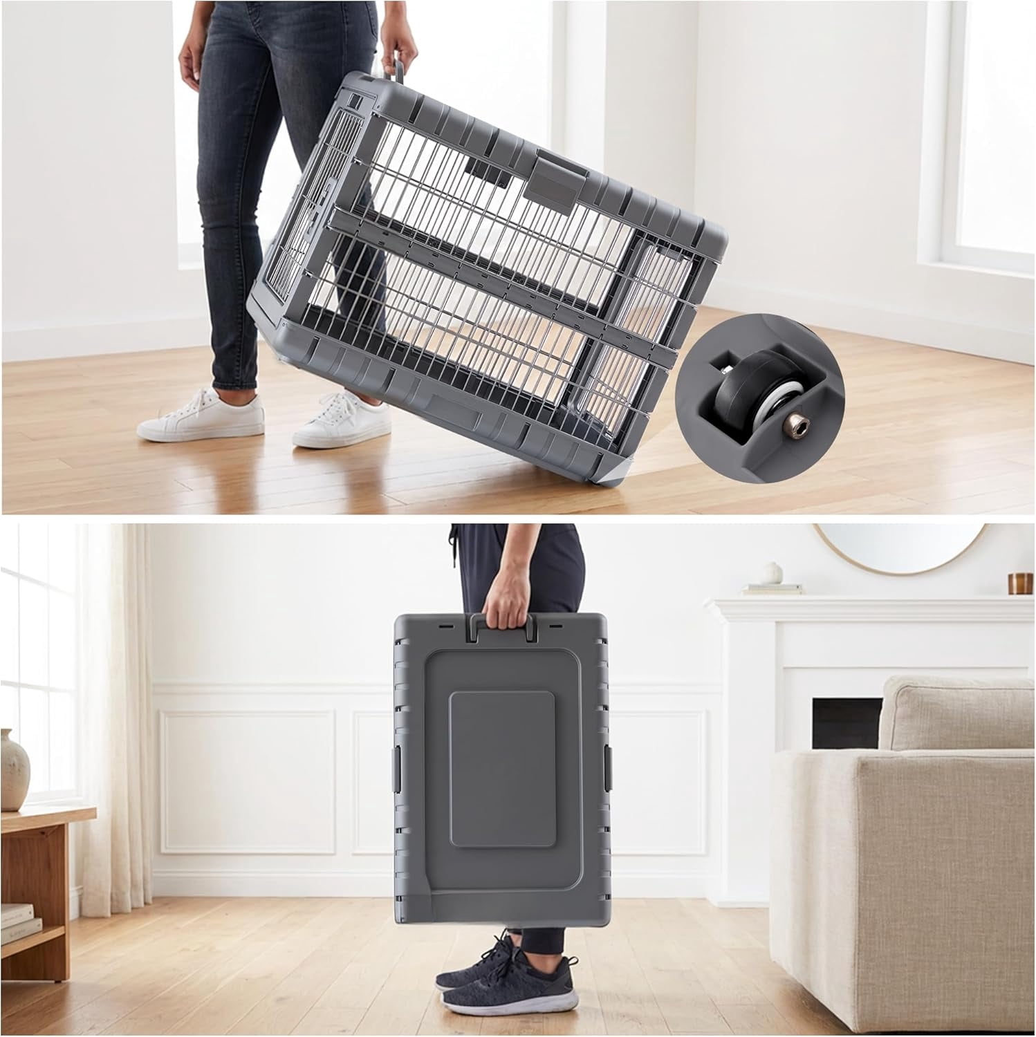 Collapsible Dog Crate for Dogs - 28" L Heavy Duty Dog Kennel No Tools Required with 4 Sides Steel Foldable Cage for Dogs Indoor Furniture, Portable Carrier with 2 Smooth Wheels, Gunmetal