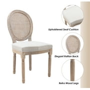 Guyou Farmhouse Dining Chairs Set of 2, French Wooden Country Upholstered Linen Oval Side Chair with Round Rattan Back for Restaurant Living Room Kitchen Dining Room, Beige