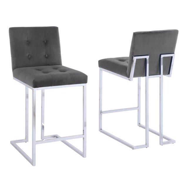 Counter Height Chairs in Dark Gray Velvet and Chrome Legs (Set of 2)