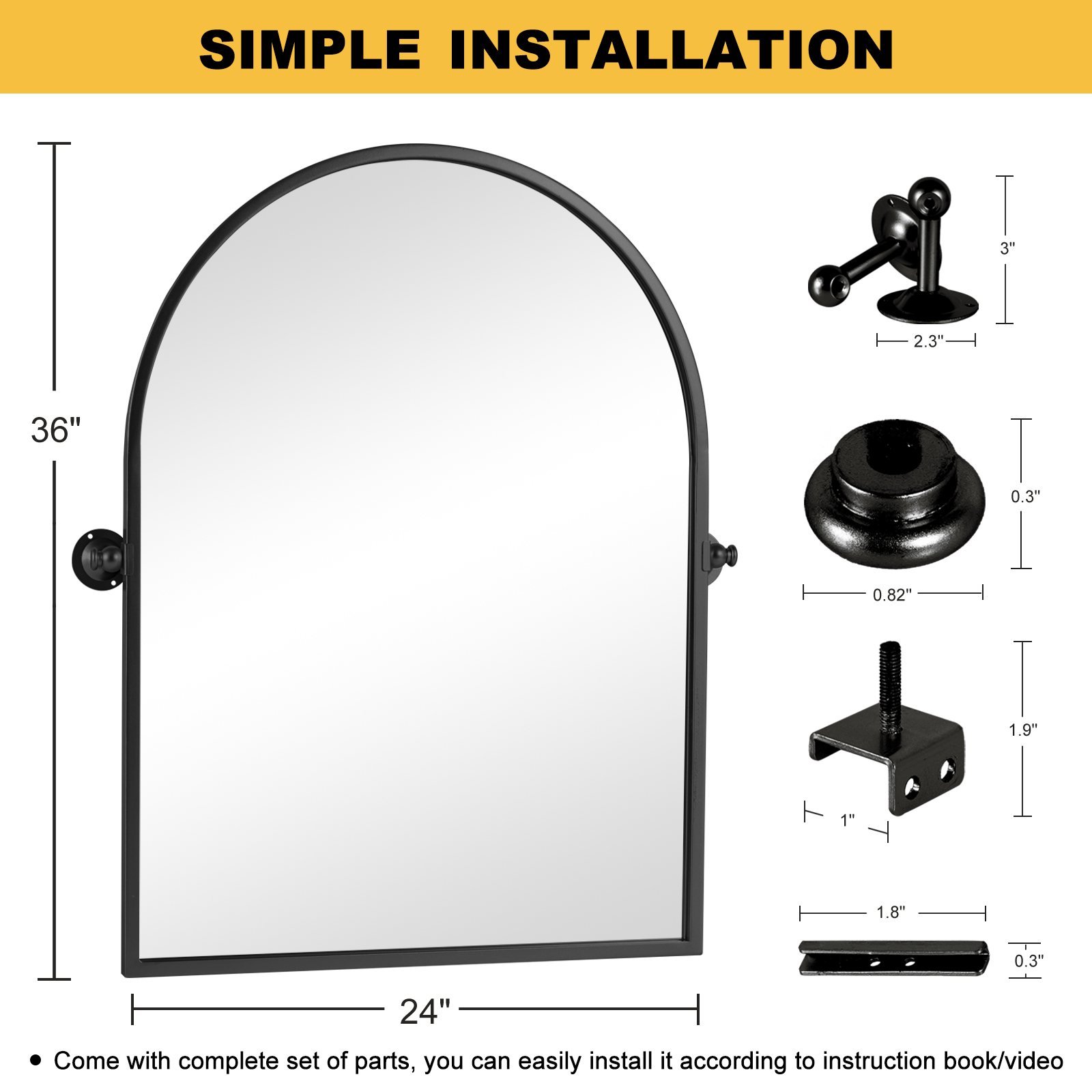 MAYEERTY 36x24 Iron Rounded Arch Black Hardware Hanging Mirror