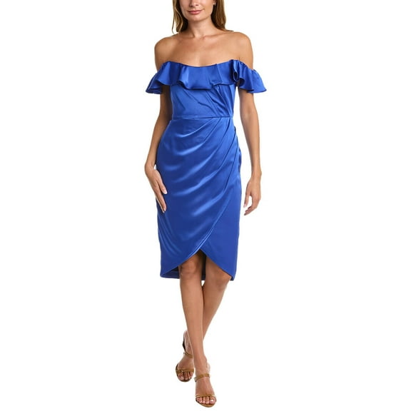 Theia womens  Off-The-Shoulder Satin Midi Dress, 6, Blue